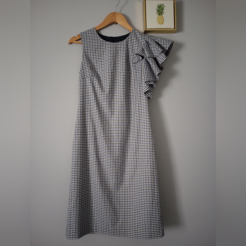 Banana Republic women dress size 0 Midi Shift Zipper Back One Shoulder Ruffle - Picture 2 of 10